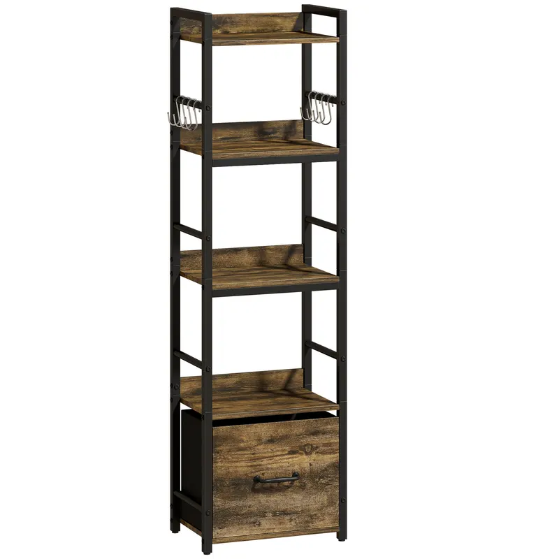 HOMCOM Bibliotecă cu 4 niveluri, etajeră de depozitare îngustă cu sertar, 8 cârlige, , 39 x 26 x 136,5 cm, maro rustic