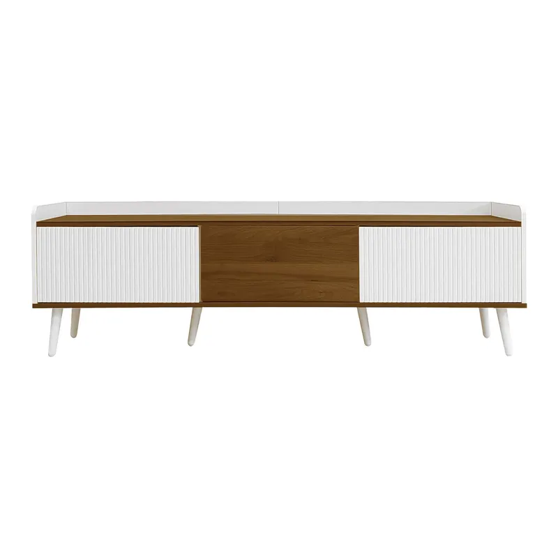 Comodă TV cu 3 uși, picioare din lemn și margine înaltă, 160x39x49,5 cm, Culoare naturală+Alb