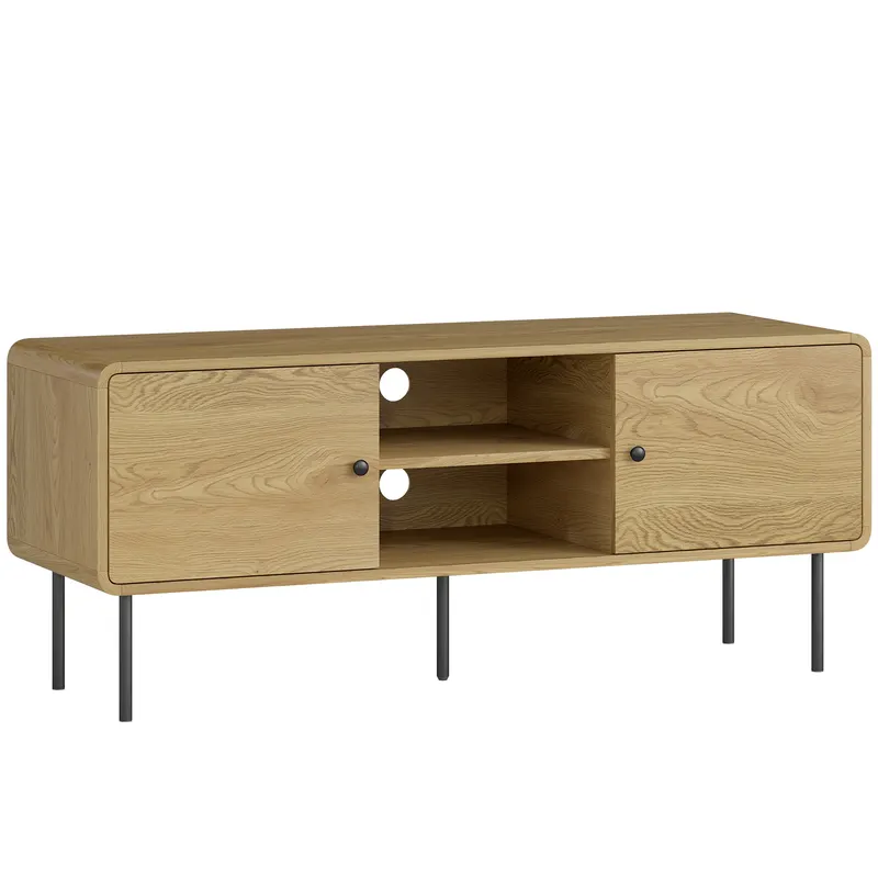 HOMCOM Comodă TV, suport TV până la 139,7 cm cu 2 uși, 2 compartimente deschise, picioare din oțel, 120x40x50cm, stejar