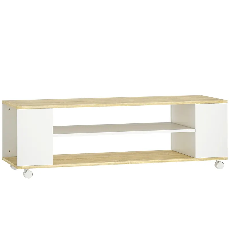 HOMCOM Mobilier TV cu roți 120 cm, mobilier TV pentru televizoare până la 140 cm, 2 rafturi deschise, alb și natural