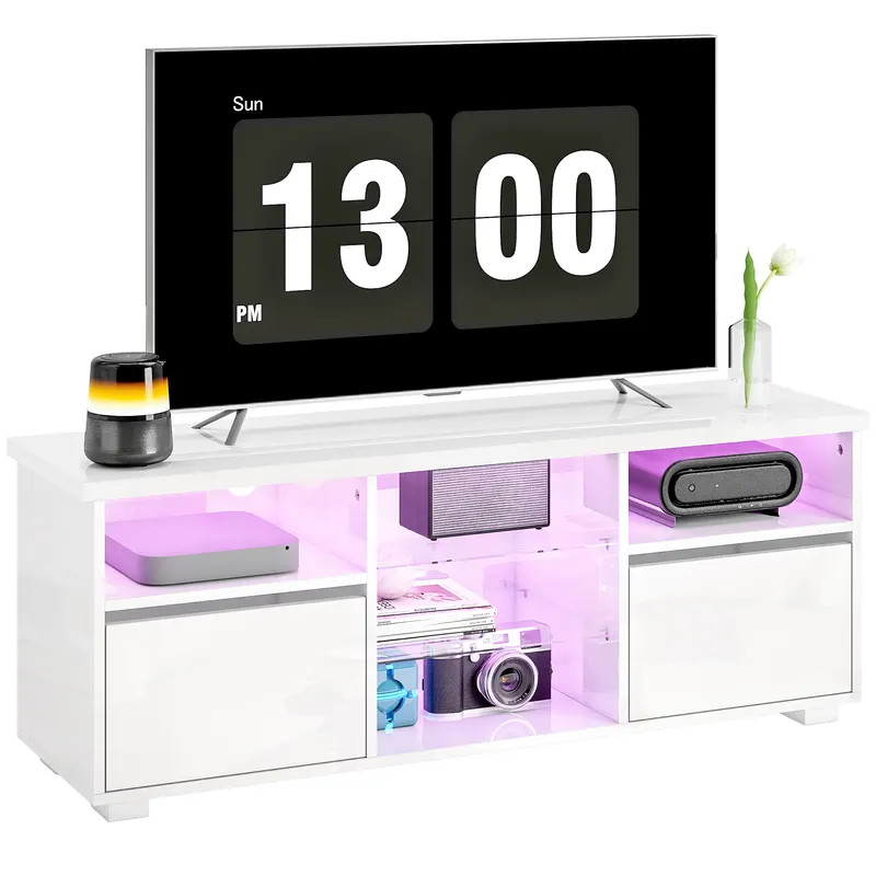 HOMCOM Suport TV 120 cm, suport televizor pentru televizoare de până la 55 inch cu iluminare LED și telecomandă, rafturi din sticlă alb