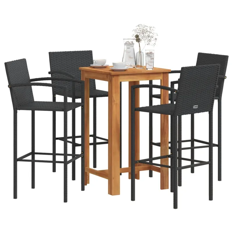 set bar de gradina 5 piese negru lemn masiv acacia si poliratan