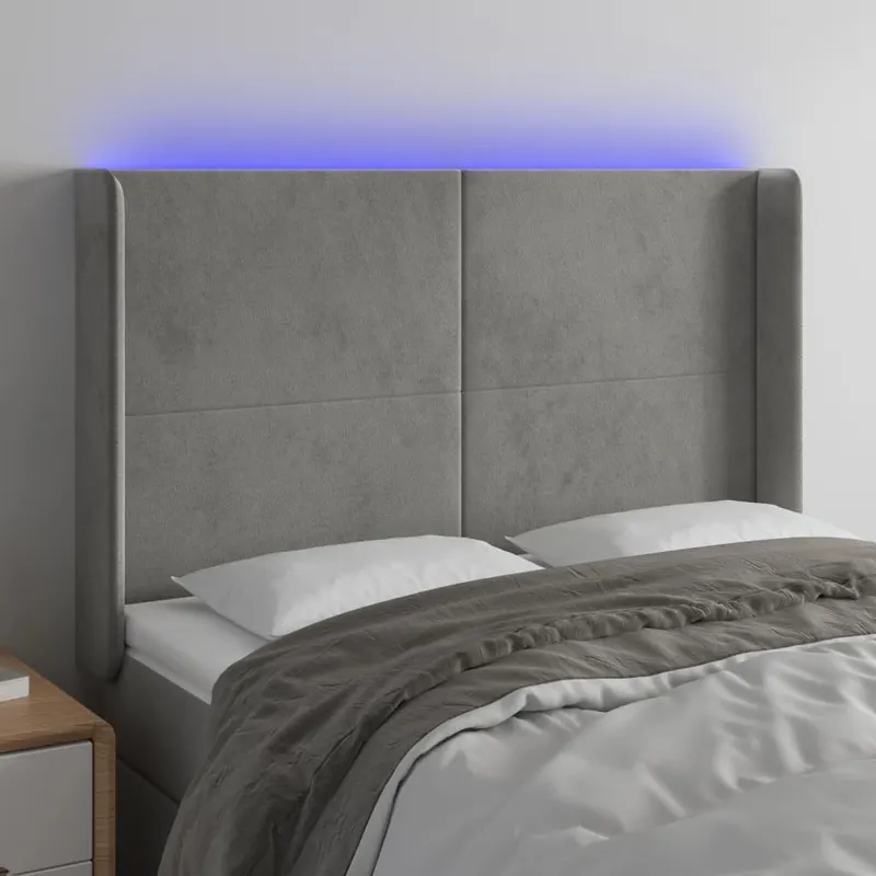 tablie de pat cu led, gri deschis, 147x16x118/128 cm, catifea