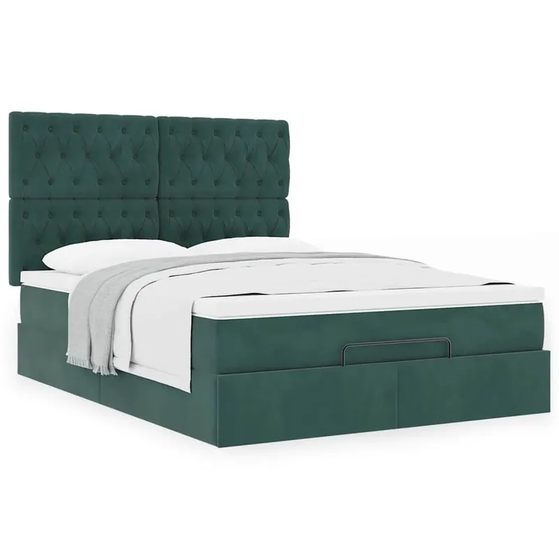 Cadru de pat otoman cu saltele verde inchis 140x200cm catifea