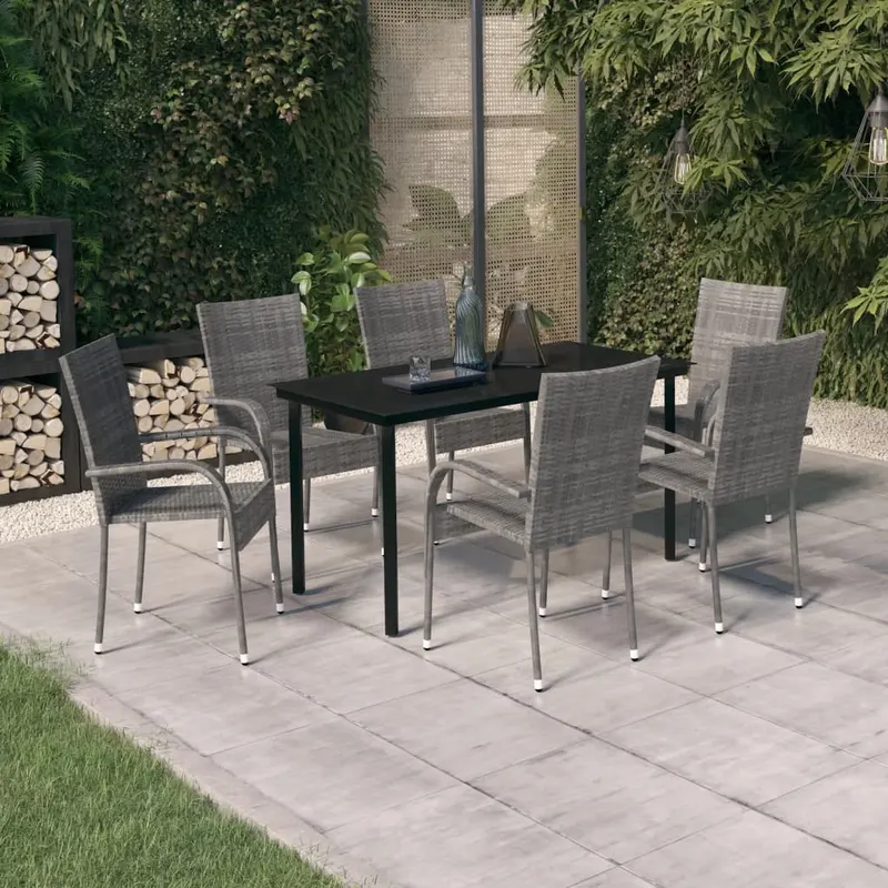 set mobilier de gradina, 7 piese, gri si negru