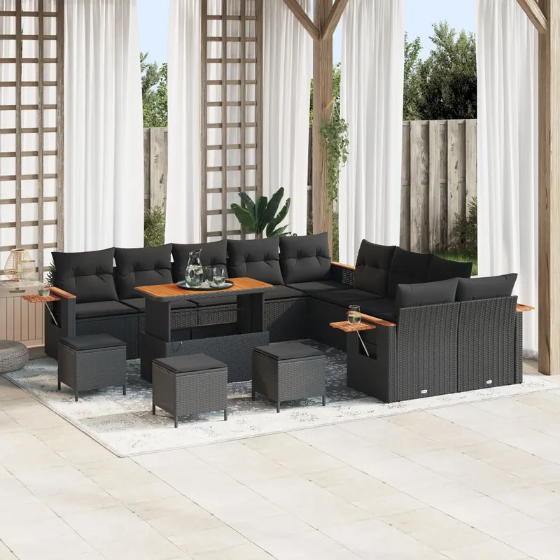 Set canapele gradina 14 piese cu perne negru poliratan acacia, set dining gradina 4 piese cu perne negru poliratan acacia