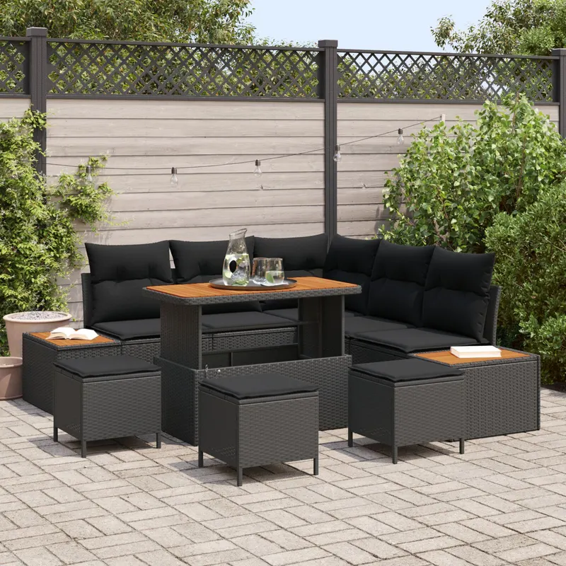 Set de canapea de gradina cu 8 perne negru poliratan acacia, set de dining de gradina cu 3 perne negru poliratan acacia