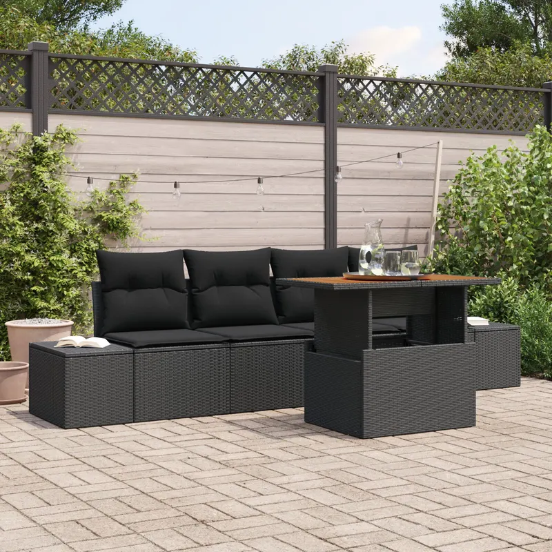 set de gradina din 5 piese cu perne negru ratan poli acacia