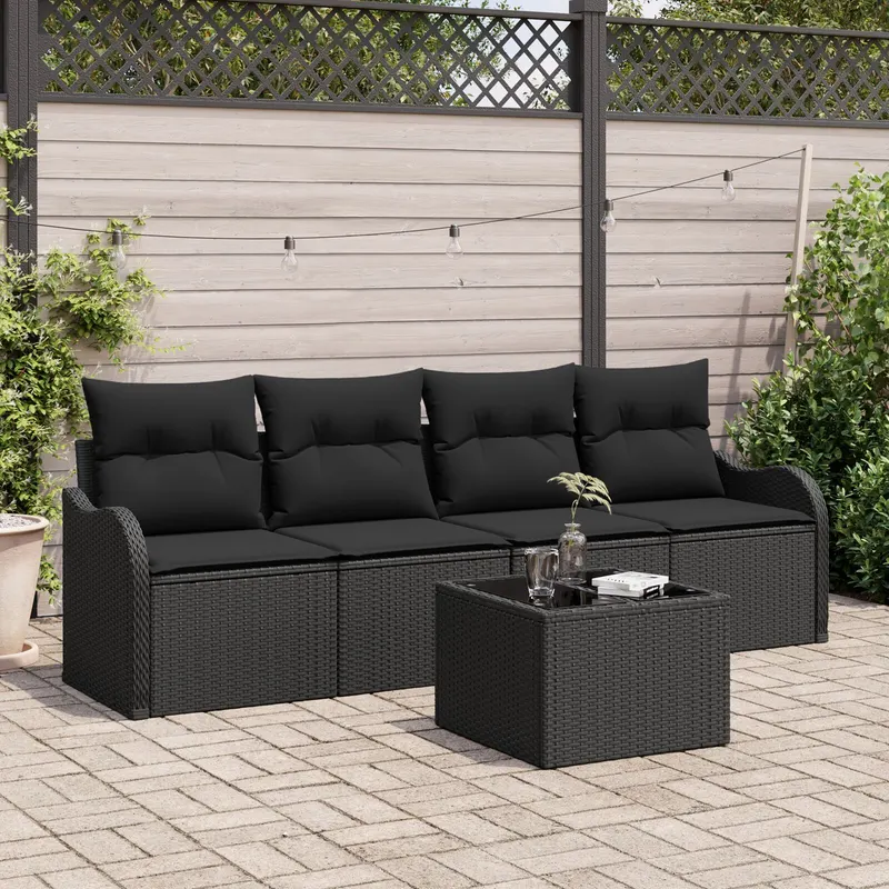 Set canapele gradina 5 piese cu perne negru poliratan, canapea gradina 2 locuri cu perne negru poliratan