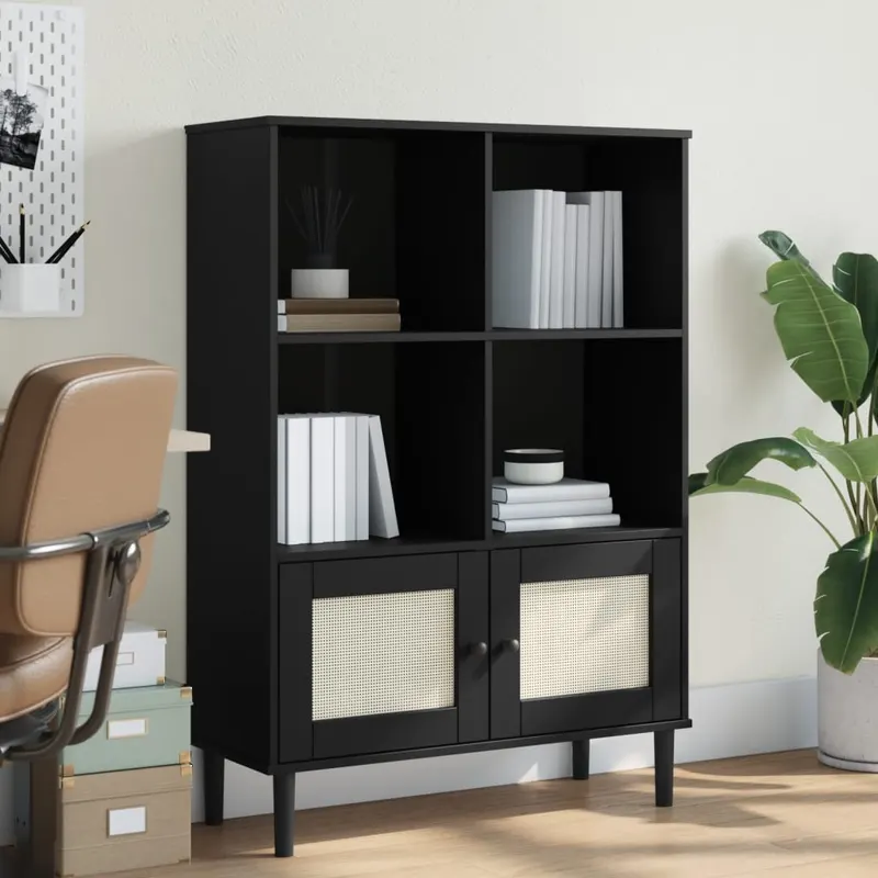 biblioteca senja aspect ratan negru 90x35x130 cm lemn masiv pin