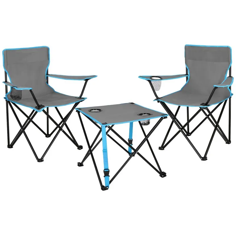 Set masa pliabila 2 scaune buzunare bauturi husa transport, 47x47x45 cm, camping, gri