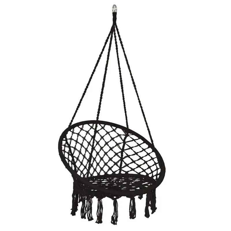 Scaun rotund tip leagan suspendat pentru casa sau gradina, cu franjuri, 150kg, negru