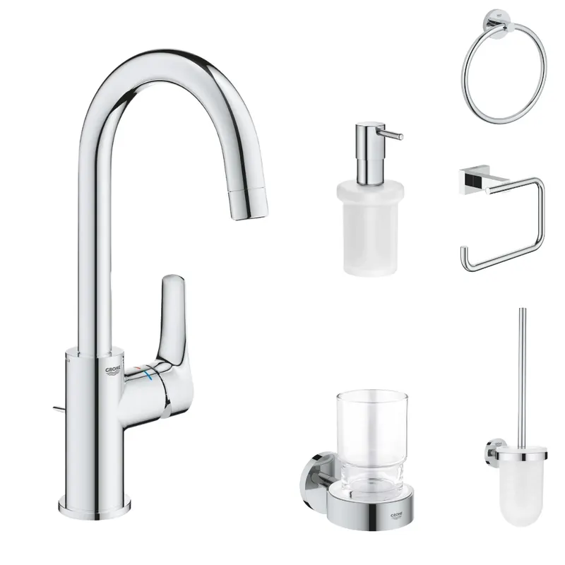 Set baterie lavoar Grohe Eurosmart New si accesorii baie Grohe Essentials, crom