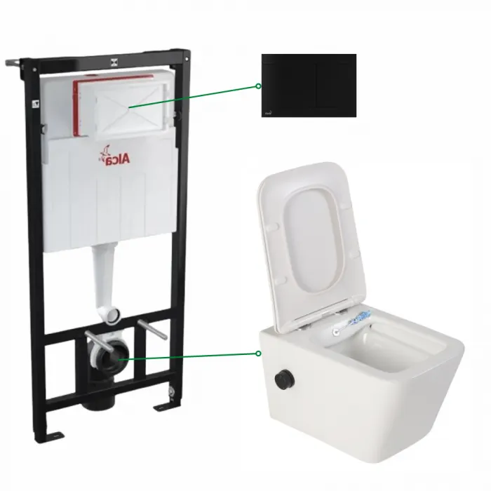 Set vas wc suspendat cu functie de bideu si baterie negru mat inclusa Safari, rezervor wc si clapeta aluminiu negru mat, Alcaplast