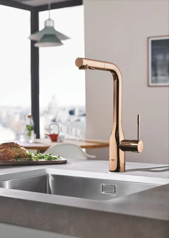 Baterie de bucatarie Grohe 30270DA0, Essence, 3 8 , pipa inalta, tip L, dus, 2 functii, lucios, cupru
