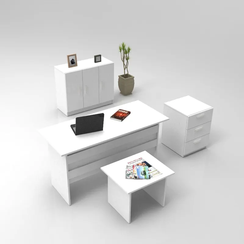 Set de mobilier de birou Torrens, Alb - Nuc - Stejar, 4 Piese, Birou - Biblioteca - Rollbox - Masuta, 140x60x74 cm - Alb