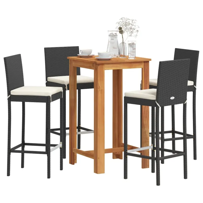 set bar de gradina 5 piese negru lemn masiv acacia si poliratan