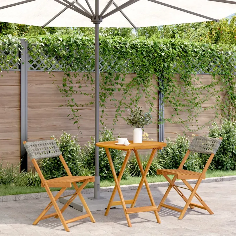 set bistro de gradina, 3 piese, gri, poliratan si lemn masiv
