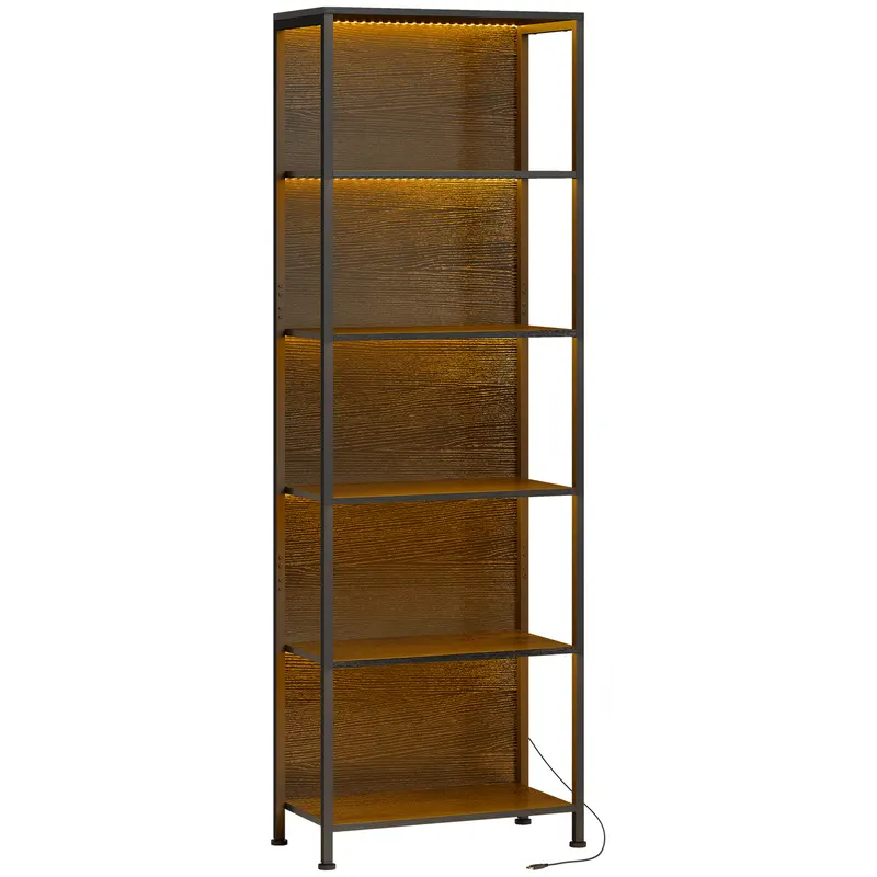 HOMCOM Bibliotecă cu 5 Rafturi, Verticală cu Iluminare LED în 7 Culori, Economisire Spațiu pentru Living, Dormitor și Birou, 60x30x179 cm, Negru