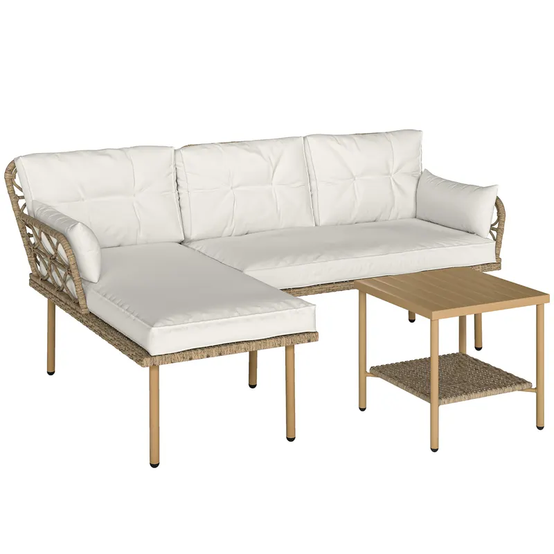 Outsunny Set Mobilier Grădină 4 Persoane, 3 Piese cu Măsuță de Cafea, Perne Confortabile Incluse, Ratan Crem