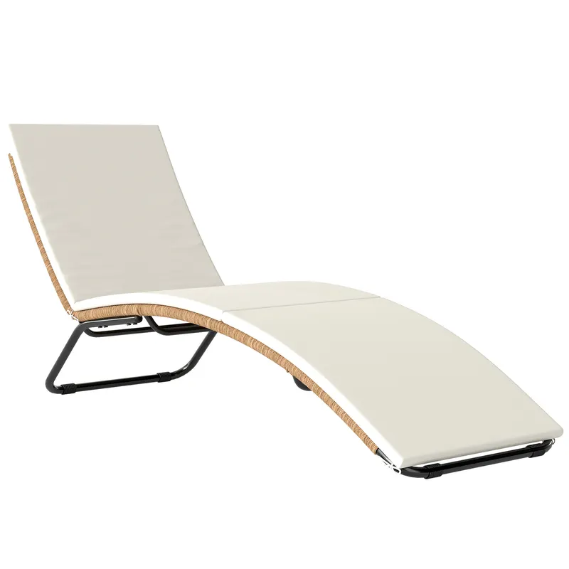 Outsunny Șezlong din Ratan Forma S cu Pernă, Șezlong de Grădină cu Structură din Oțel, pentru Terasă, Plajă, Piscină, Grădină, 175x57x80cm, Crem