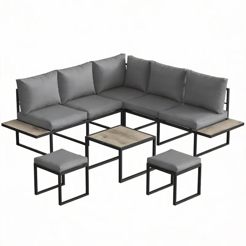 Outsunny Set mobilier grădină exterior 6 persoane modulabil masă de cafea și blaturi laterale din lemn PSPC perne groase 10cm gri