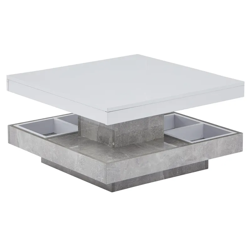 Măsuță de cafea lucioasă, rotativă la 360°, cu blat pe 2 niveluri și compartiment de depozitare, 70x70x36 cm, Alb