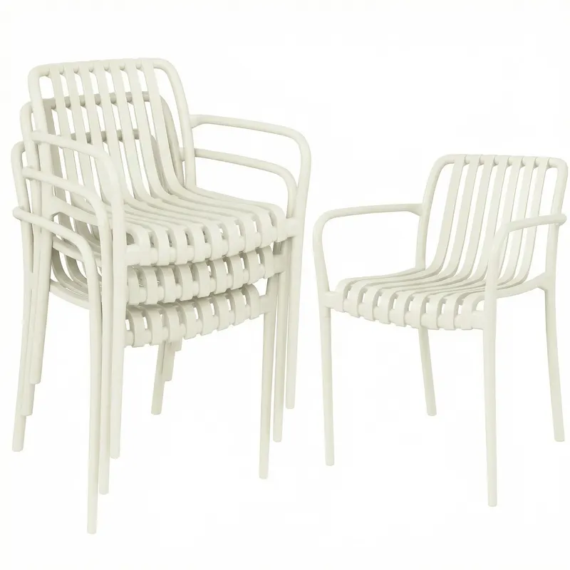 Outsunny Set 4 scaune de grădină stivabile, scaune de terasă cu design în lamele și cotiere, ergonomice, alb crem