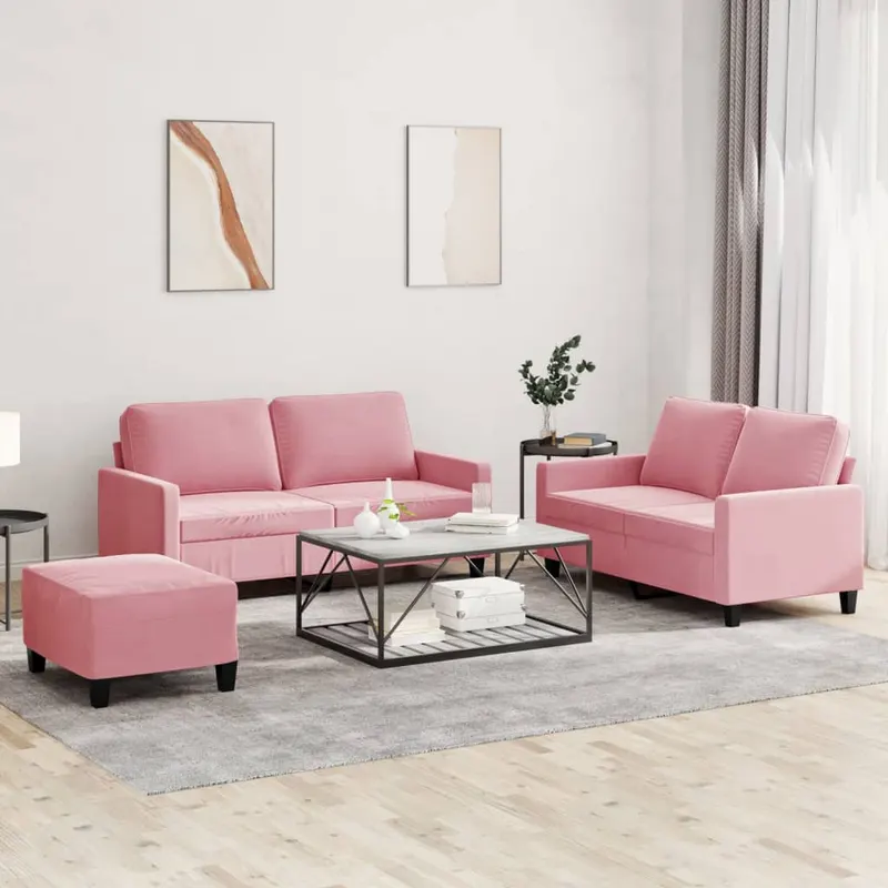 Set de canapele cu perne, 3 piese, roz, catifea