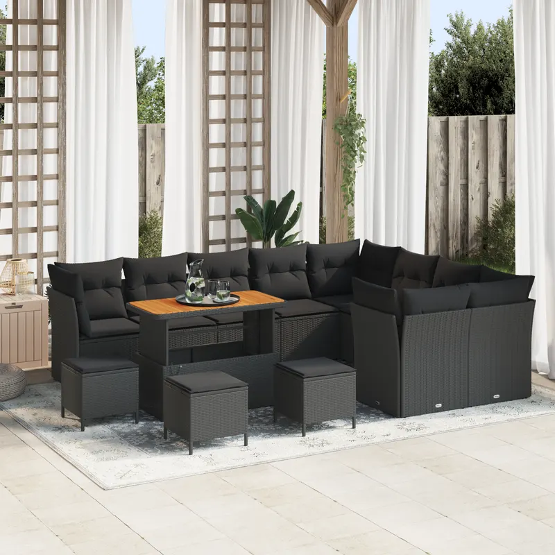 Set de canapea pentru gradina cu 13 piese si perne negru poliratan acacia, set de dining pentru gradina cu 4 piese si perne negru poliratan acacia