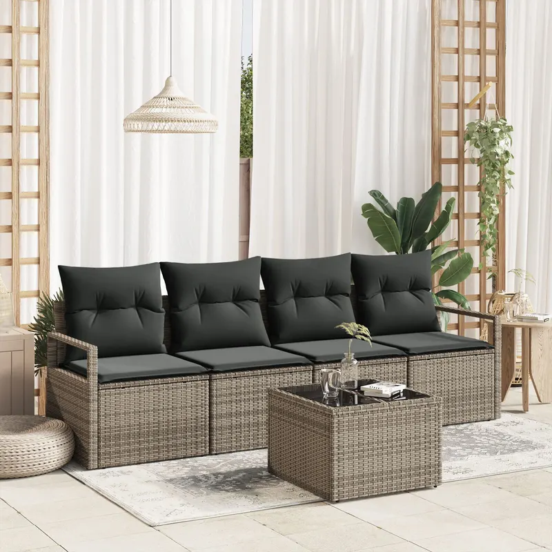 Set canapea gradina 5 piese cu perna gri ratan polimer, canapea gradina 2-seater cu spatiu depozitare & perna gri ratan polimer
