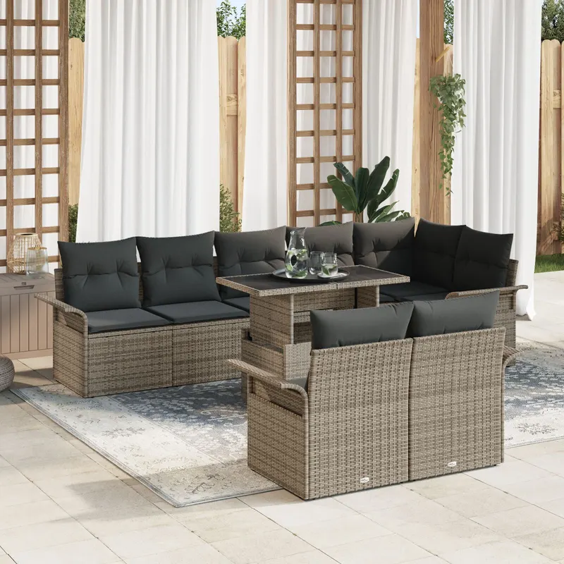 set de canapele de gradina cu 9 piese si perne gri din poliratan
