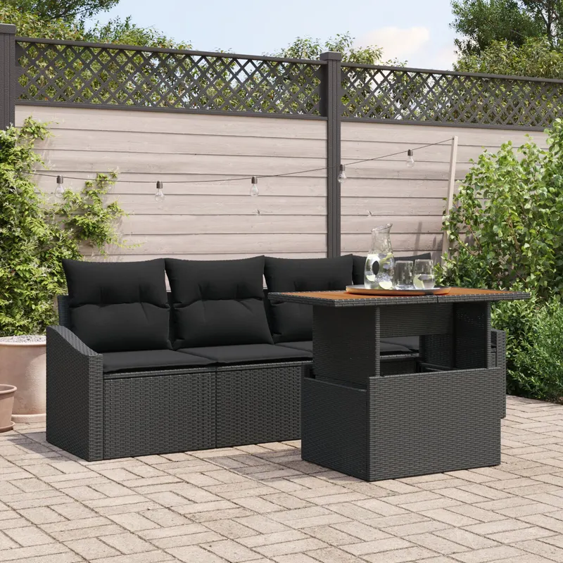 set de gradina din 5 piese cu perne, ratan negru si acacia