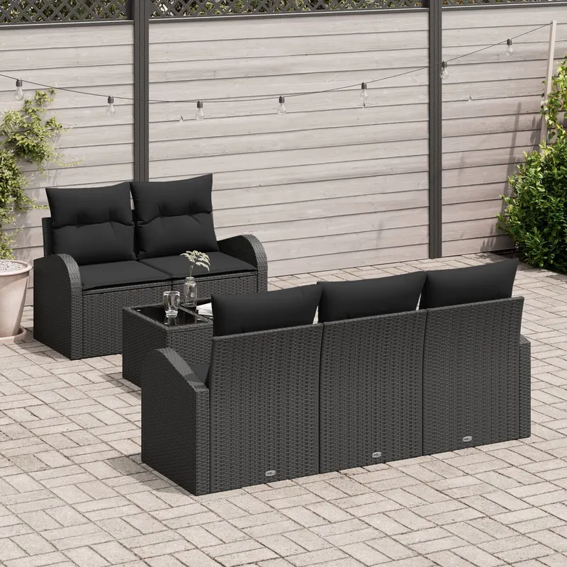 Set canapele gradina 6 piese cu perne negre ratan poli, canapea gradina 2 locuri cu spatiu stocare & perne negre ratan poli