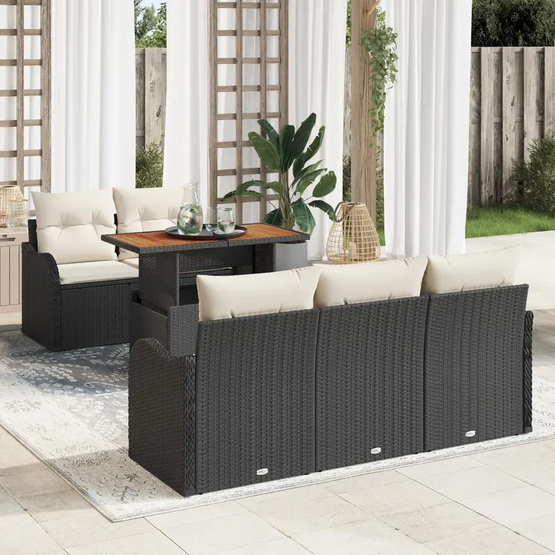 Set de sofa pentru gradina de 6 piese cu perne, negru ratan poly, sofa de 2 locuri cu spatiu de depozitare si perne, negru ratan poly