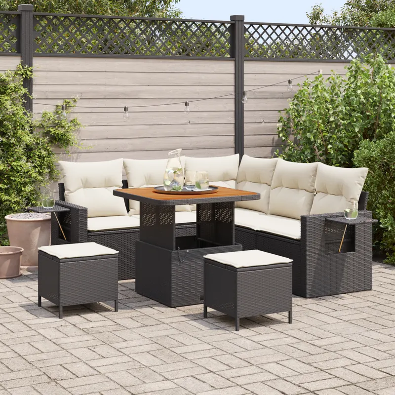 Set canapea gradina 8 piese si perne, negru, poliratan, acacia, set dining gradina 3 piese cu perne, negru, poliratan, acacia