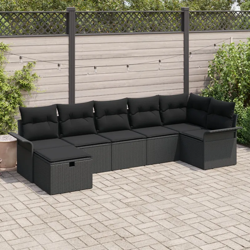 set de canapea pentru gradina cu 7 piese si perne negru din ratan poliester
