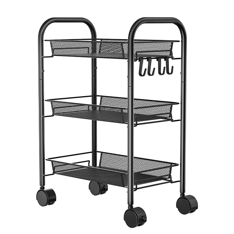 Raft metalic mobil tip carucior pentru bucatarie, 3 polite si 4 agatatori, negru, 44x26x64cm