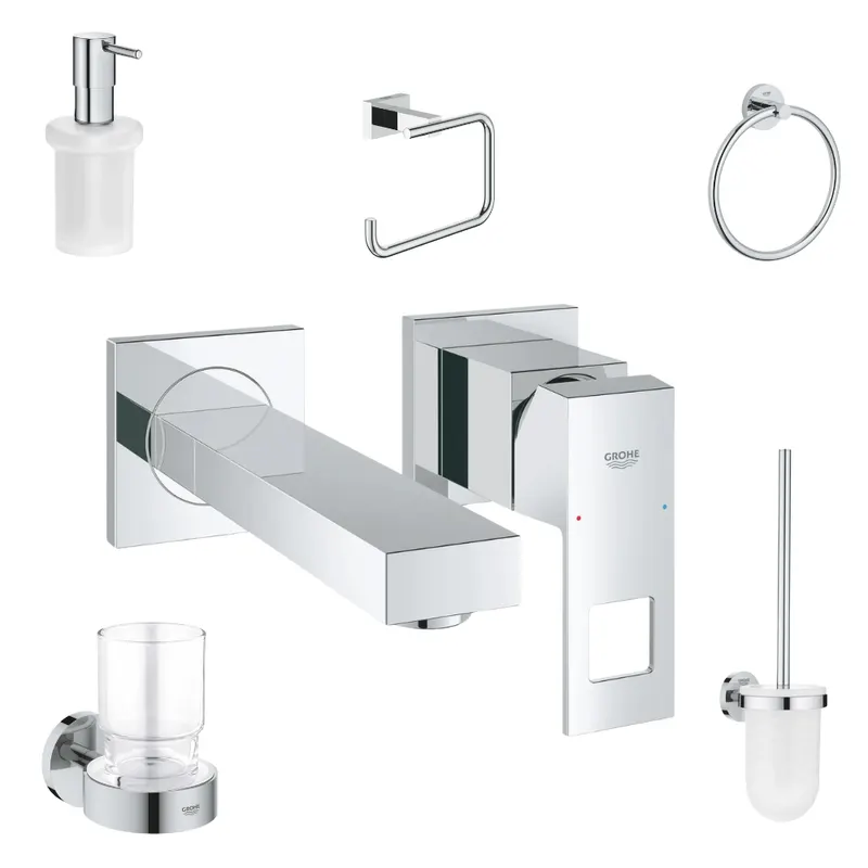 Set baterie lavoar incastrata Grohe Eurocube si accesorii baie Grohe Essentials, crom