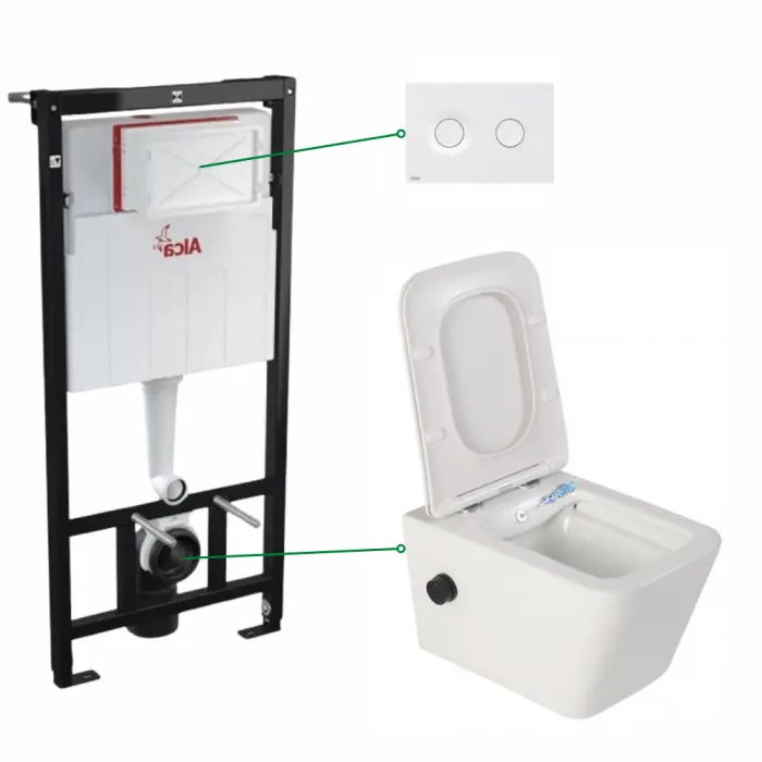 Set vas wc suspendat alb cu functie bideu si baterie negru mat Safari, rezervor incastrat si clapeta alb mat, Alcadrain