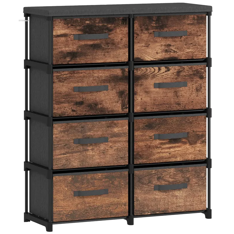 HOMCOM Comodă cu 8 Sertare, Mobilier din Metal pentru Dormitor, Maro Rustic