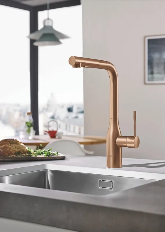 Baterie de bucatarie Grohe 30270DL0, Essence, 3 8 , pipa inalta, tip L, dus, 2 functii, mat, cupru