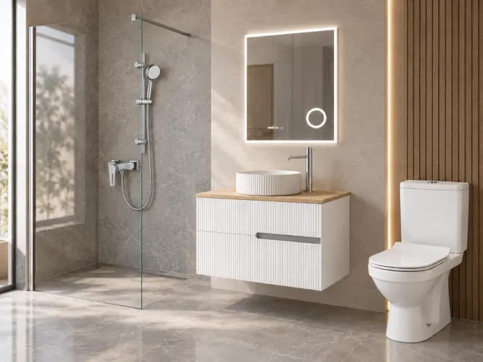 Pachet baie completa cu dus walk-in 80 cm, mobilier, lavoar si WC Essential