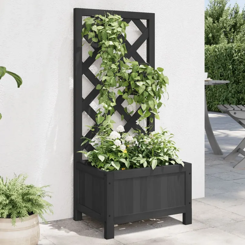 jardiniera cu spalier, negru, lemn masiv de brad
