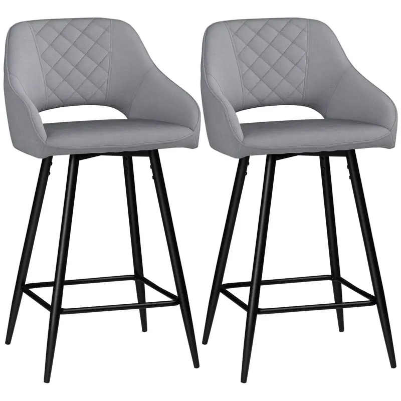 HOMCOM Set de 2 scaune de bar inalte efect de catifea si otel negru cu suport pentru picioare, accesorii pentru brate inaltime 67 cm gri