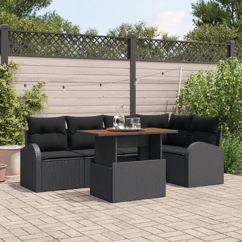 Set de sofa pentru gradina 6 piese cu pernite ratan poli negru, sofa gradina 2 locuri cu depozitare si pernite ratan poli negru