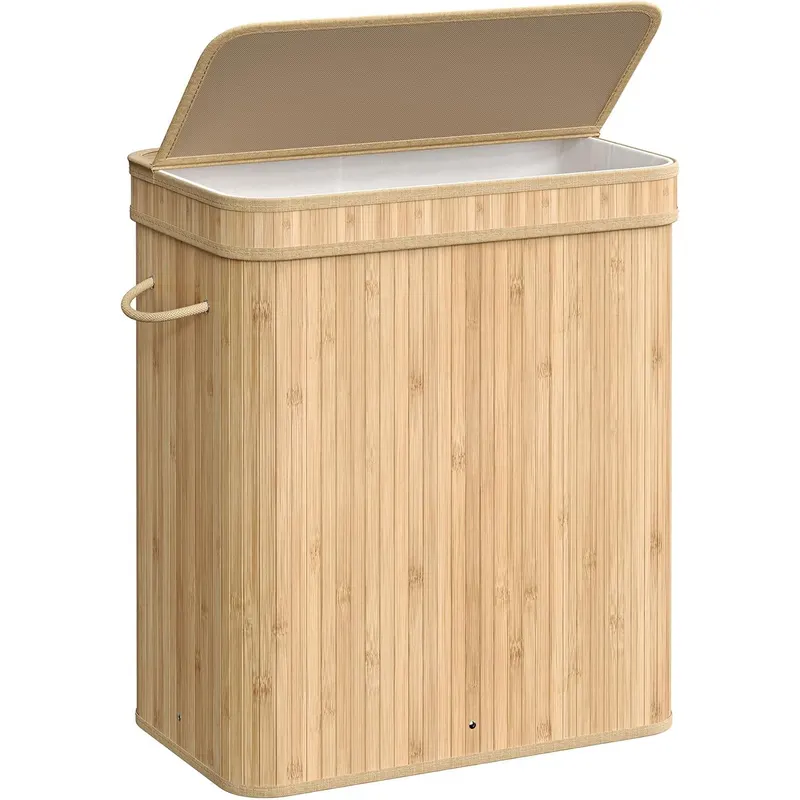 Cos rufe bambus cu capac 100L, sac interior detasabil lavabil, pliabil, manere laterale, 55x35x61 cm, bej natur
