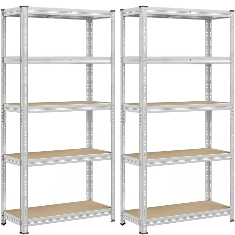 Set 2 rafturi metalice depozitare, 5 niveluri, reglabile, polite MDF, 875 kg, 40x90x180 cm, argintiu