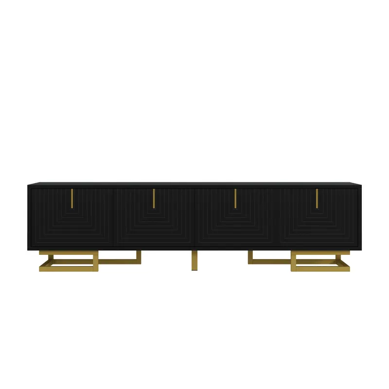 Comodă TV, mânere și picioare aurii, picioare reglabile, 160x38x44,5 cm, Negru