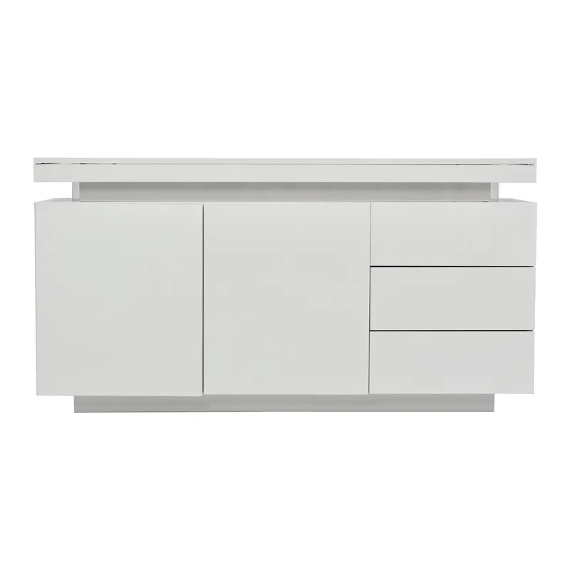 Comodă modernă cu finisaj lucios, fronturi fără mânere, 2 uși și 3 sertare, 140x35x72,5 cm, Alb